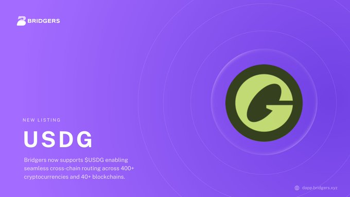A promotional graphic for Bridgers announcing a new listing for USDG, supporting seamless cross-chain routing across 400+ cryptocurrencies and 40+ blockchains.