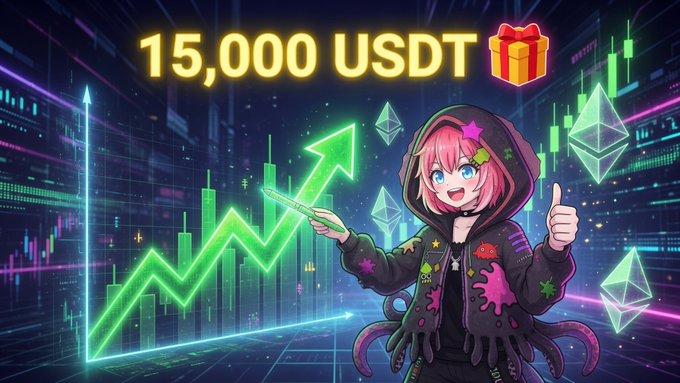 A colorful digital illustration of a pink-haired anime character giving a thumbs up, set against a neon green crypto trading chart with text reading "15,000 USDT" and a gift box.