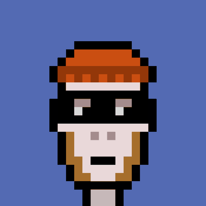 A pixel art portrait of a character with a brown beard, wearing an orange turban/headband, depicted with a stern expression on a blue background.