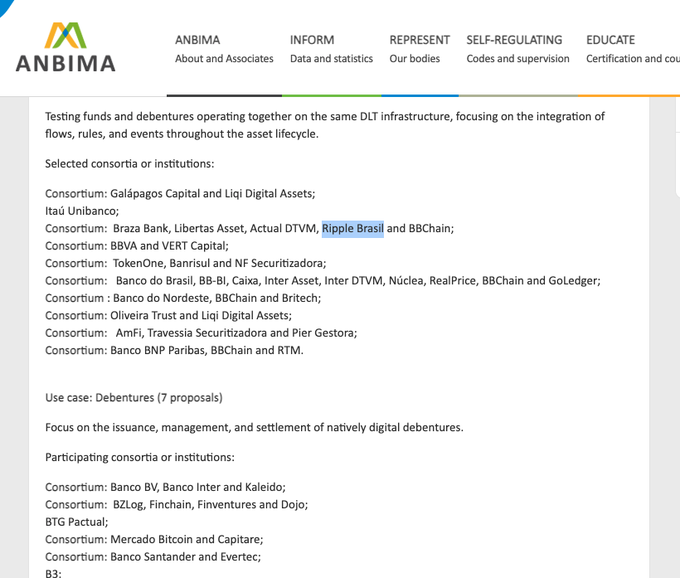 Screenshot of an ANBIMA webpage listing selected consortia for DLT infrastructure testing, including Ripple Brasil, BBChain, and Banco Santander, with a use case section on Debentures.