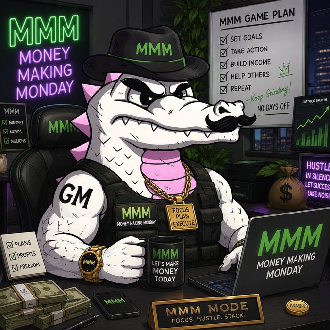 The image features a cartoon crocodile wearing a black hat, sitting at a desk with a laptop computer open in front of him. The desk also has stacks of money and various other items such as a cell phone, a cup, and some books. The background includes neon signs that say "MMM Money Making Monday" and "mmm mode".