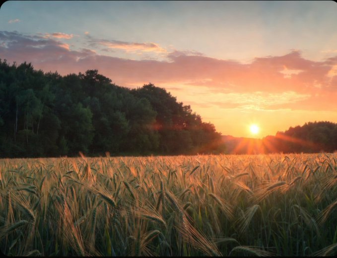 A golden wheat field stretches toward a setting (or rising) sun framed by a dark treeline, casting warm light across the stalks under a soft pastel sky. The image mirrors the post's theme of quiet perseverance—exhausting yet hopeful days of labor, with the sun on the horizon symbolizing that even in weariness, there is light to keep moving toward.