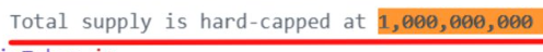 A highlighted text snippet reads 'Total supply is hard-capped at 1,000,000,000' in orange/yellow with a red underline beneath it.