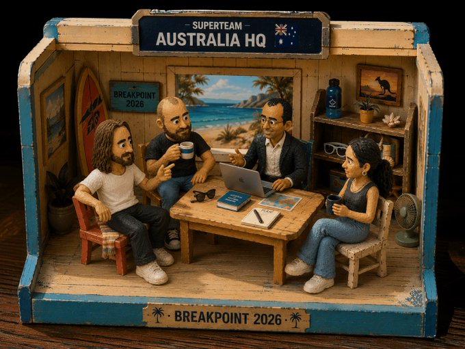 A miniature diorama scene labeled 'SUPERTEAM AUSTRALIA HQ' and 'BREAKPOINT 2026,' depicting four clay-style figures collaborating around a wooden table with a laptop and coffee.