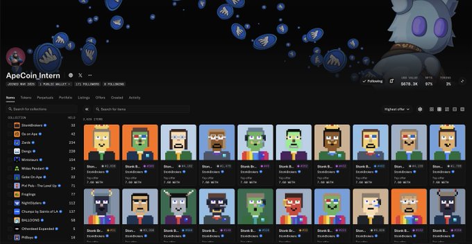 The image shows an OpenSea profile page for "ApeCoin.Intern" displaying a collection worth approximately $678.3K (3% listed, 97% not), featuring multiple Steve and Sasami Bored (SB) pixel-art NFT characters. The collection, totaling roughly 600k in value, aligns with the post's mention of $600k from free mints and features numerous rainbow shirt NFTs displayed across multiple rows.