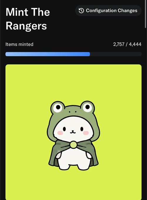 An NFT minting page titled 'Mint The Rangers' showing '2,757 / 4,444' items minted with a progress bar and a cartoon character in a frog hood on a bright green background.