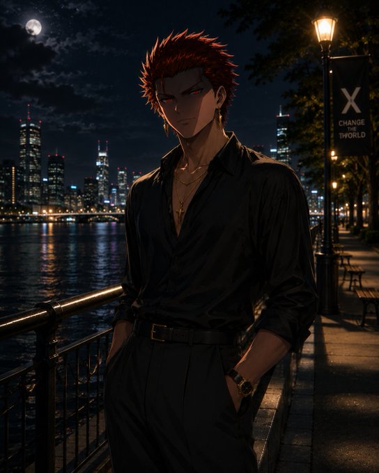 An anime-style illustration of a red-haired man with red eyes wearing a black shirt and a cross necklace, standing by a riverside railing at night with a city skyline and moon in the background, next to a lamp post with an 'X CHANGE THE WORLD' banner.