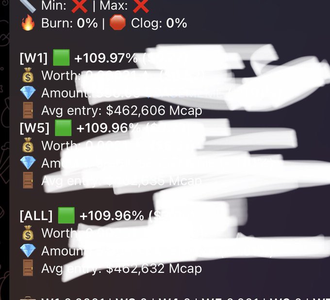 The image shows a portfolio tracker or crypto/stock wallet summary with three time periods ([W1], [W5], and [ALL]) all displaying nearly identical gains of approximately +109.96% to +109.97%, with average entries around $462,606-$462,656 Mcap, though the wallet addresses, worth amounts, and amounts are heavily censored with white scribbles.

The "Heheheheheheh" caption matches the vibe perfectly—suggesting someone is gleefully hiding their massive ~110% gains from prying eyes while still showing off the impressive percentage returns and entry prices.