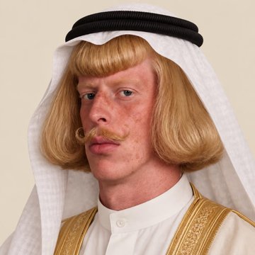 A portrait of a man wearing traditional Middle Eastern attire (a white ghutra and agal) along with a blonde bob wig and a curled mustache.