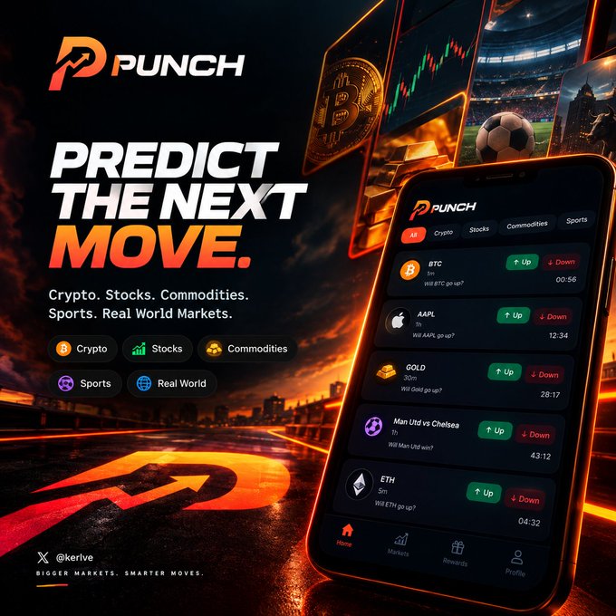 Promotional graphic for 'PUNCH' prediction app with tagline 'PREDICT THE NEXT MOVE' showing categories Crypto, Stocks, Commodities, Sports, and Real World. A phone mockup displays prediction markets for BTC, AAPL, Gold, Man Utd vs Chelsea, and ETH with Up/Down options, tagged @kerive with 'BIGGER MARKETS. SMARTER MOVES.'