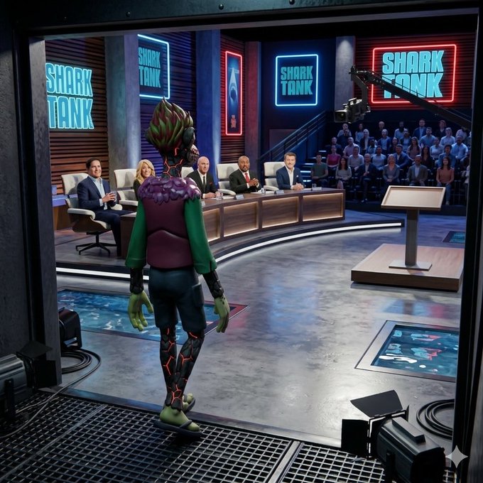 A 3D animated character with green flame-like hair stands in front of the 'SHARK TANK' set where the panel of judges is seated.