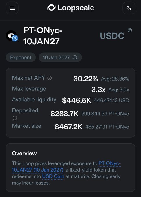 A Loopscale app screen showing PT-ONyc-10JAN27 with USDC, displaying Max net APY 30.22%, Max leverage 3.3x, Available liquidity $446.5K, Deposited $288.7K, and Market size $467.2K.
