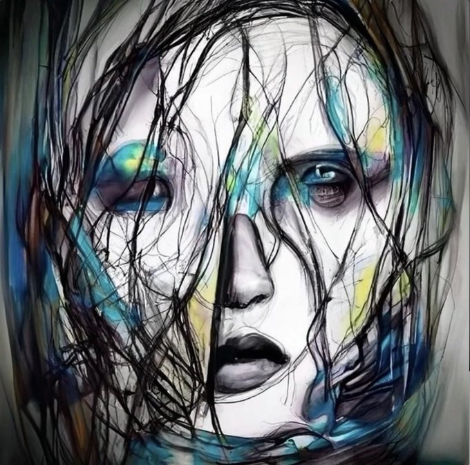 An abstract, sketchy digital painting of a face with intense eyes, obscured by chaotic black lines and blue/yellow color streaks.