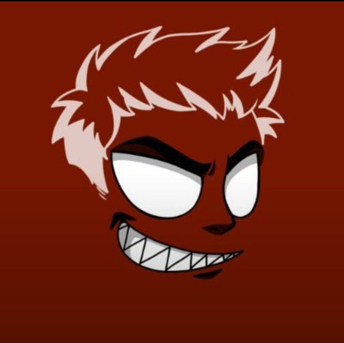 A cartoon character with pale hair, large white eyes, dark skin, and a wide toothy grin appears against a deep red background.