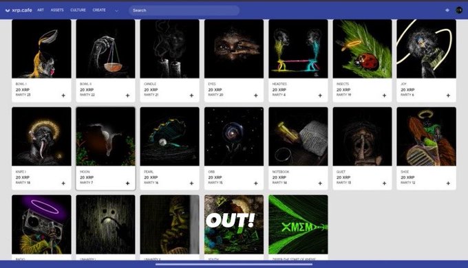 A screenshot of the XRP Café website displaying a grid of NFT artwork thumbnails with names like SCROLL, PENDULUM, MAGNIFIED, INSECTS, JOY, RADIATE, REVEAL, JEWEL, ODD, AFTERHOUR, QUEST, and INDIE, each priced at 20 XRP.