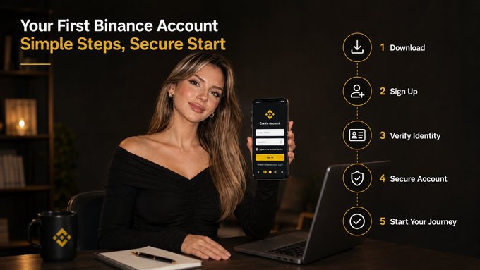 The image is a Binance promotional banner titled "Your First Binance Account: Simple Steps, Secure Start," featuring a woman holding a smartphone displaying the Binance app's "Create Account" screen, alongside a 5-step guide: 1) Download, 2) Sign Up, 3) Verify Identity, 4) Secure Account, and 5) Start Your Journey.

This visual reinforces the post's message by illustrating the straightforward sign-up process, with the displayed step icons directly mirroring the instructions to download the app and create an account using email, phone, or social login.