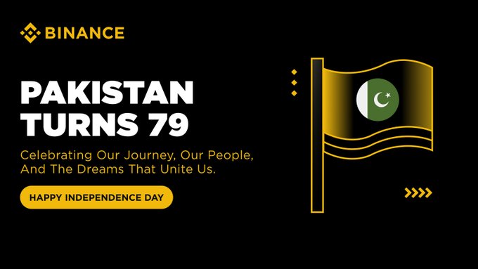 Binance promotional graphic with text 'PAKISTAN TURNS 79', 'Celebrating Our Journey, Our People, And The Dreams That Unite Us', and 'HAPPY INDEPENDENCE DAY', featuring the Pakistani flag.