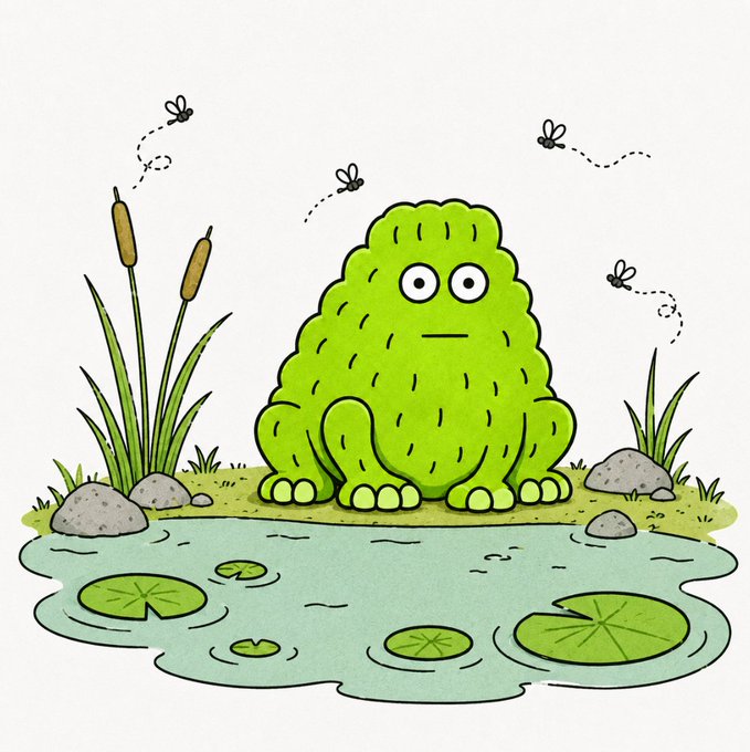 A cartoon illustration shows a green, bumpy creature sitting on grass beside a pond with lily pads, surrounded by cattails and flying insects.
