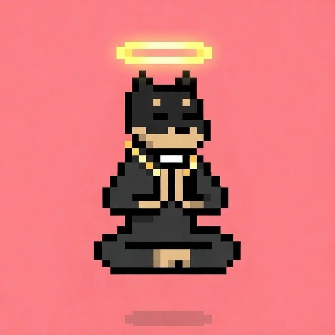 A pixel art illustration of a black bear-like character wearing a robe and a glowing yellow halo, set against a pink background.