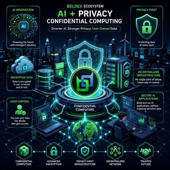 A digital infographic for the 'BELDEX ECOSYSTEM' promotes 'AI + PRIVACY CONFIDENTIAL COMPUTING' with icons representing AI innovation, encrypted data, privacy first, decentralized infrastructure, user control, and secure AI applications.