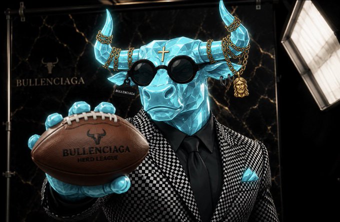 A turquoise low-poly bull mascot wearing sunglasses, gold chains with a Jesus medallion, and a checkered suit holds a football emblazoned with "BULLENCIAGA HERD LEAGUE," with "BULLENCIAGA" also visible on the dark marble backdrop. The image promotes the $BULLEN token, using the stylized bull and luxury branding to hype its upcoming "next leg up" and encourage investors to join the project's ecosystem.