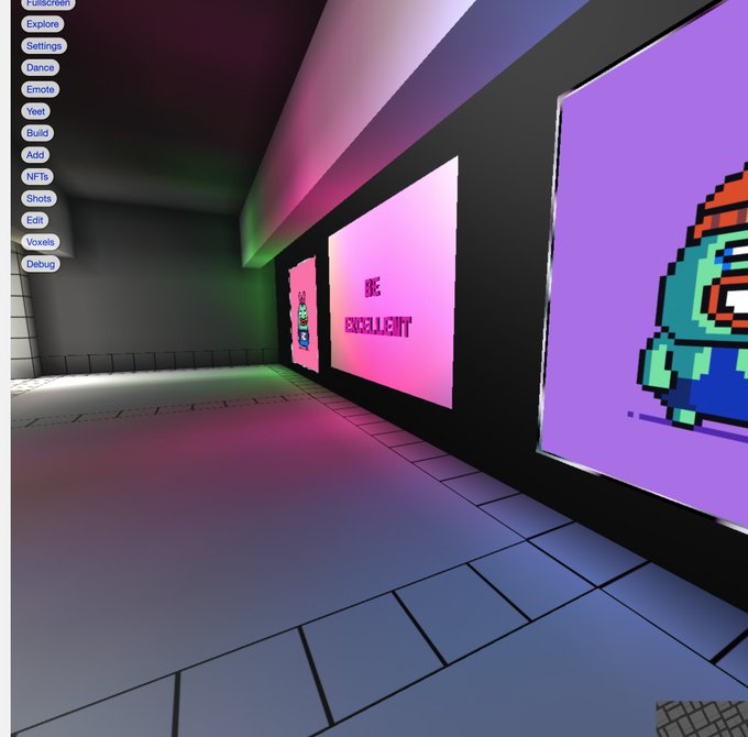 A retro-style 3D game scene shows a hallway with pixel art displays, including one showing "THE EXCELLENT" and another with a colorful character, alongside a debug menu featuring options like "Fullscreen," "Settings," "Dance," "Emote," "Yeet," "Build," "Add," "NFTs," "Shots," "Edit," "Voxels," and "Debug."