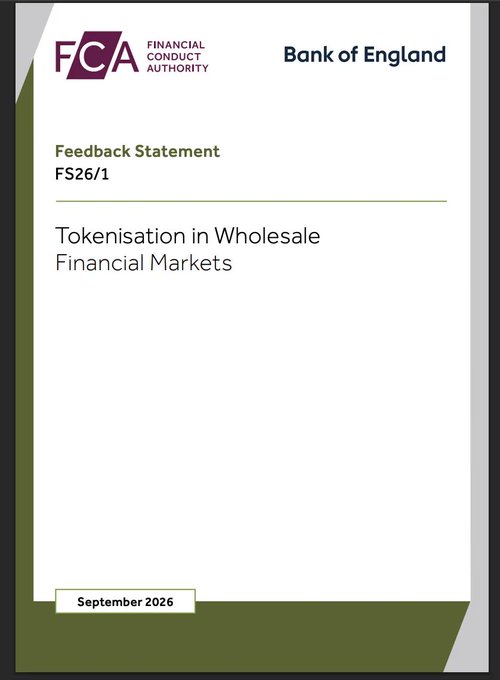 Cover page of a Financial Conduct Authority (FCA) and Bank of England Feedback Statement FS26/1 titled 'Tokenisation in Wholesale Financial Markets', dated September 2026.