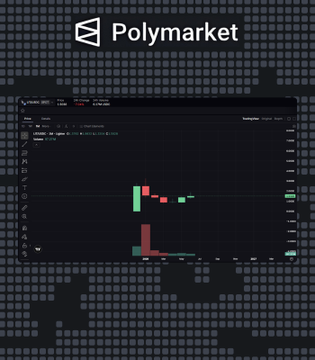 The image displays a stock chart for Polymarket, which shows an upward trend with prices at $3 - $6 per share. The text above the image indicates that currently, if you buy 5 shares or more, the price will rise by 7 cents. In this case, the maximum amount one can spend is $18.75 to gain a 100% return on their investment.