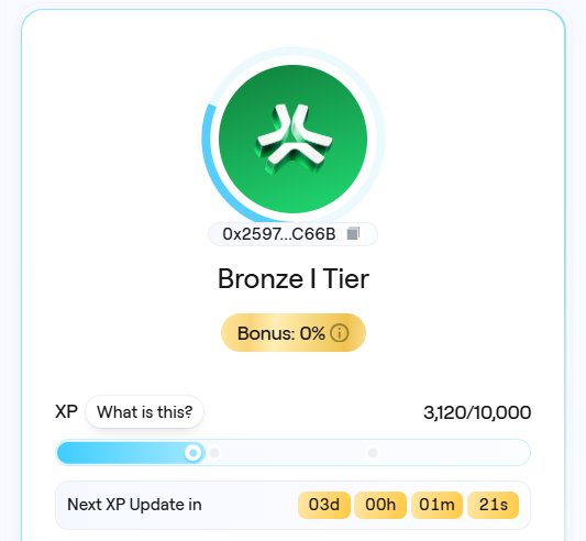 A user interface showing a 'Bronze I Tier' status with a green logo, displaying 3,120/10,000 XP progress, a 0% bonus, and a countdown timer for the next XP update.