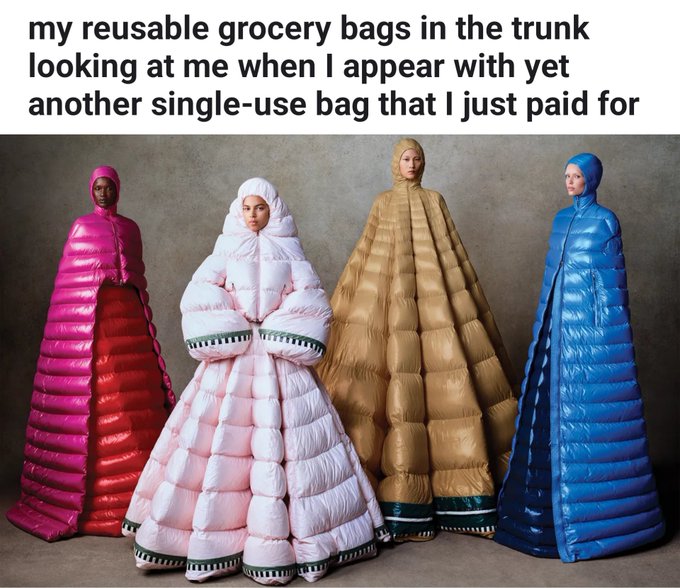 A humorous meme showing models wearing elaborate Moncler puffer coat dresses, with text reading 'my reusable grocery bags in the trunk looking at me when I appear with yet another single-use bag that I just paid for'.