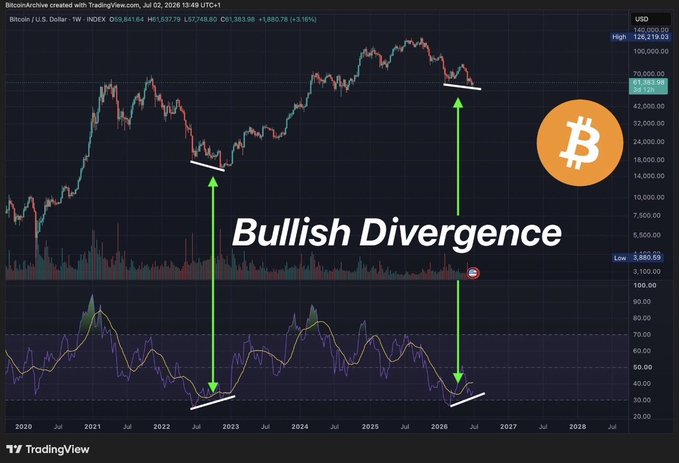 A TradingView weekly chart of Bitcoin (BTC/USD) shows two higher lows in price (~2022 and ~2026) aligned with two lower lows on the RSI, marked with green arrows and labeled "Bullish Divergence." The header notes Bitcoin is at $65,839.72, down 3.16%, illustrating the bullish divergence setup referenced in the "$BTC BULLISH DIVERGENCE HODL" caption as a long-term accumulation signal.