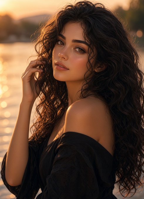A close-up portrait of a woman with long curly dark hair wearing a black off-the-shoulder top, photographed during golden hour with a sunset reflecting on water in the background.