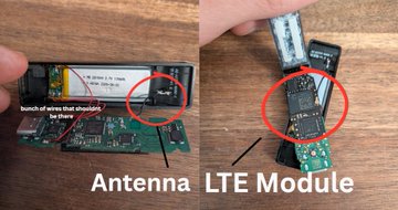 An instructional image showing a disassembled electronic device, with red circles and text labels pointing out the 'Antenna' and 'LTE Module' on the green circuit board.