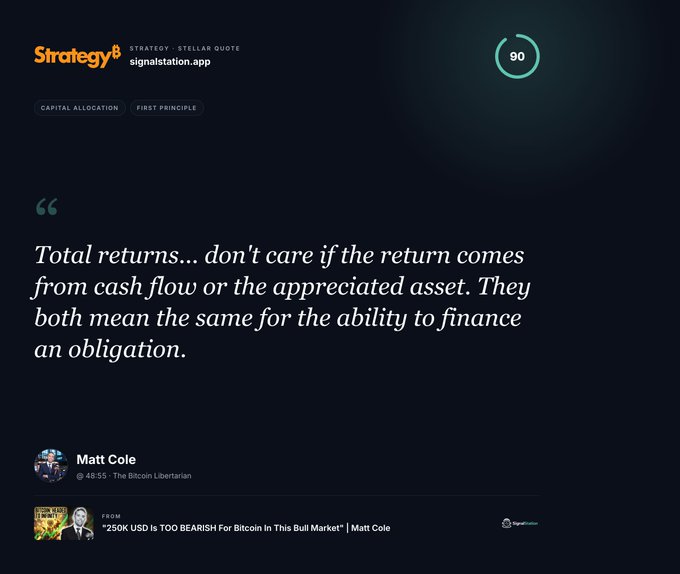 A dark-themed quote graphic from 'Strategy8' featuring a quote by Matt Cole (@48:55 · The Bitcoin Libertarian) about total returns financing obligations, with tags 'CAPITAL ALLOCATION' and 'FIRST PRINCIPLE' and a score of '90'.