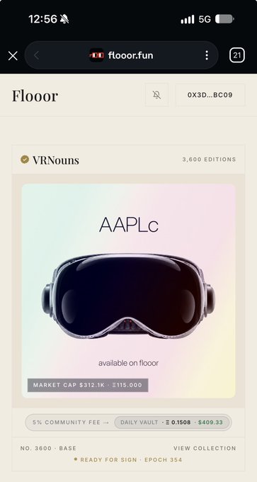 A mobile screenshot from flroor.fun displays a 'VRNouns' NFT collection item featuring an Apple Vision Pro headset image labeled 'AAPLc,' with a market cap of $312.1K and ETH 115.000.