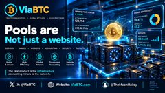 A digital advertisement displays "ViaBTC - Pool, Wallet, Exchange, Ecosystem" with the tagline "Pools are Not just a website," featuring a Bitcoin graphic and showing 4.9% Total Revenue Share alongside statistics like 136.55 PB/s, 16.72 EH/s, and 55.07% Hashrate Distribution.