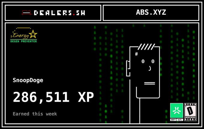 A digital interface displaying 'DEALERS.SH' and 'ABS.XYZ' shows the user 'SnoopDoge' earned 286,511 XP this week, featuring a minimalist line-drawn character against a green Matrix-like background.