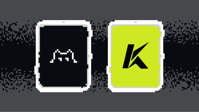 Two smartphones are displayed side by side against a dark pixelated background, one showing a black screen with a white stylized "M" or arch logo and the other displaying a bright yellow screen with a black angular "K" logo.

This image visually represents the collaboration between PX identities and Kageuri (whose stylized "K" logo is shown on the yellow screen), marking the official partnership announcement between the two NFT communities.