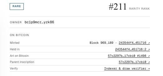 The image shows a "RARE" seal labeled "#211" with rarity rank, owned by "bc1p9mcr...yzk86," displaying on-chain Bitcoin details including minted block (969,189), inscription hashes, and an "Indexex & draw verifier" link—illustrating the post's point that every seal on seals.garden reveals its full verifiable on-chain Bitcoin record.
