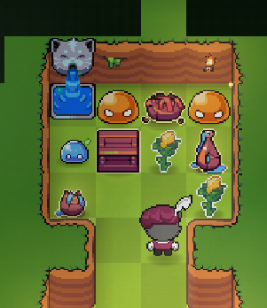 A top-down pixel art dungeon scene featuring a small character surrounded by orange slime monsters, a wolf, chests, corn, potions, and a candle.