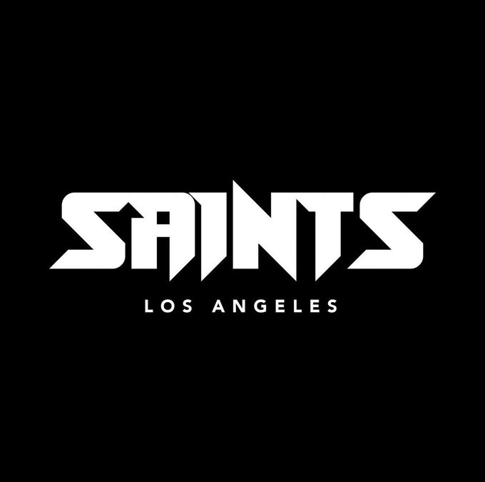 A stark black and white logo reads "SAINTS" in a stylized, futuristic font, with "LOS ANGELES" written in smaller letters below it.