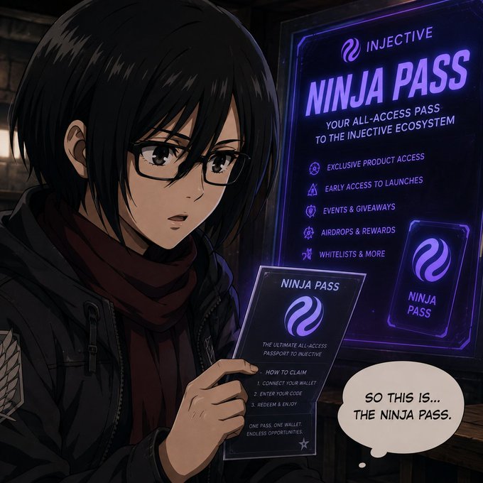 Anime-style image of a black-haired, glasses-wearing character in a dark jacket holding the "NINJA PASS" card, with a glowing holographic display behind it listing features like exclusive product access, early launches, events & giveaways, airdrops & rewards, and whitelists — directly visualizing Injective's all-access ecosystem pass. A speech bubble reads: "So this is... the Ninja Pass."