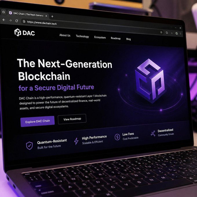 A laptop displays the DAC Chain website (www.dachain.tech), advertising 'The Next-Generation Blockchain for a Secure Digital Future' with features like Quantum-Resistant, High Performance, Low Fees, and Decentralized.