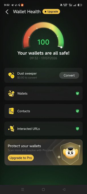A mobile app screen titled 'Wallet Health' showing a score of 100 ('Your wallets are all safe!') dated 17/07/2026, with options for Dust sweeper, Wallets, Contacts, and Interacted URLs, plus an 'Upgrade to Pro' banner.