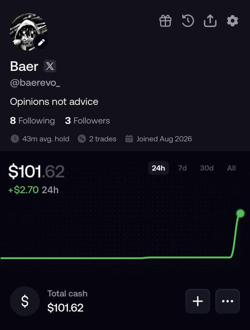 A social media/trading profile for user 'Baer' (@baerevo_) displays a portfolio value of $101.62, up $2.70 in 24h, with the bio stating 'Opinions not advice', 8 following, 3 followers, 43m avg. hold, and a green performance chart.