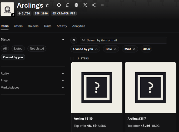 An NFT marketplace interface displays two unopened 'Arclings' items (#3116 and #3117) with top offers of 48.50 USDC each.