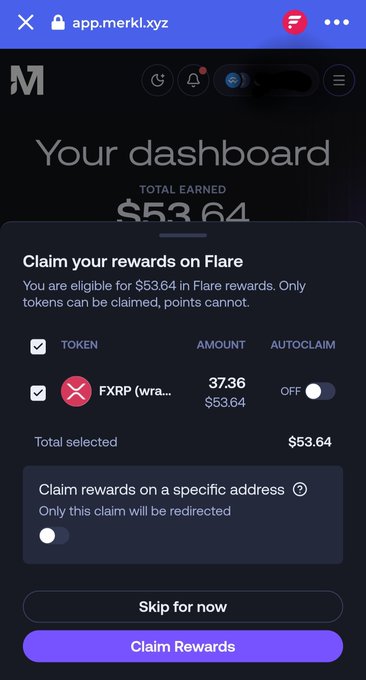 A mobile screenshot of a Merkl.xyz dashboard showing $53.64 in total earned rewards, with a dialog to claim FXRP rewards on Flare totaling 37.36 tokens ($53.64).