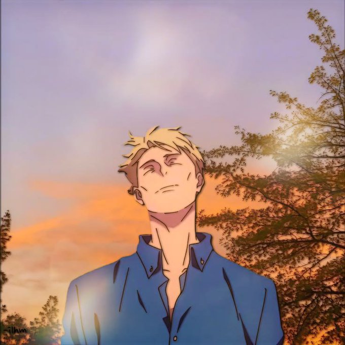 A blonde-haired man basks peacefully with his eyes closed and head tilted back against a warm sunset sky, embodying the relaxed Friday vibes of the "TGIF" post.

Signature "Lihm" is visible in the bottom left corner.