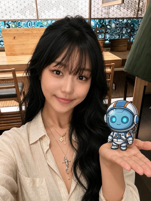 A young woman with long black hair, wearing a beige blouse and layered necklaces, smiles at the camera while holding out her hand to display a cute cartoon astronaut mascot with glowing blue eyes, visually representing the friendly AI agent "EvoEvo" mentioned in the post about NeoSoulAI's on-chain agent stack integrated with 0G Labs.