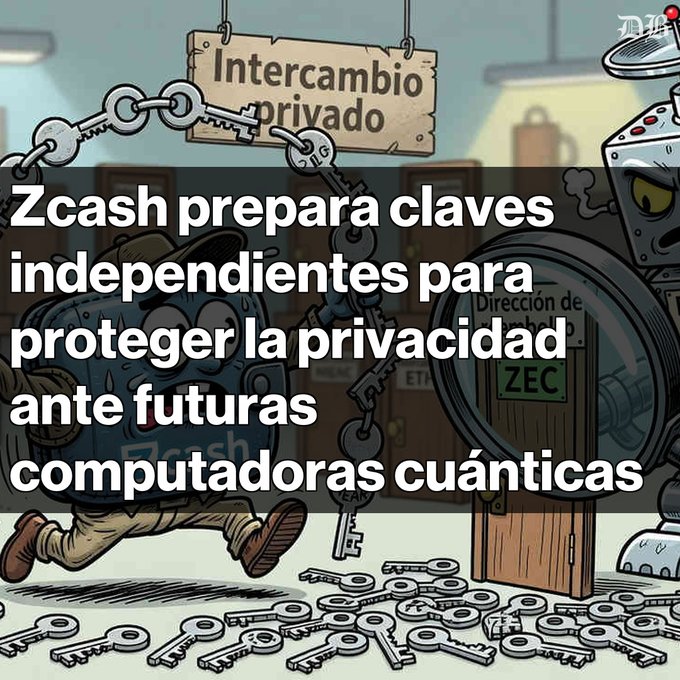A Spanish-language infographic/cartoon illustration with text reading 'Zcash prepara claves independientes para proteger la privacidad ante futuras computadoras cuánticas' (Zcash prepares independent keys to protect privacy against future quantum computers), with a sign labeled 'Intercambio privado' overhead.